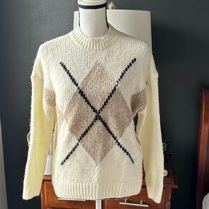Mango MNG Ivory Cream Argyle Crew Neck Sweater - Sz. M